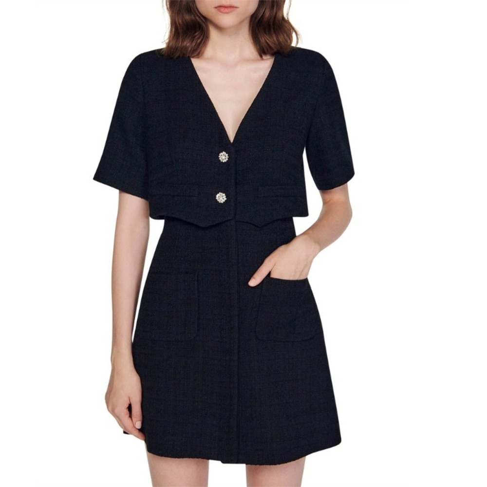 Sandro Manhattan Black Tweed Mini Dress SFPRO03142 Noir Sz 42 NEW - Picture 2 of 10